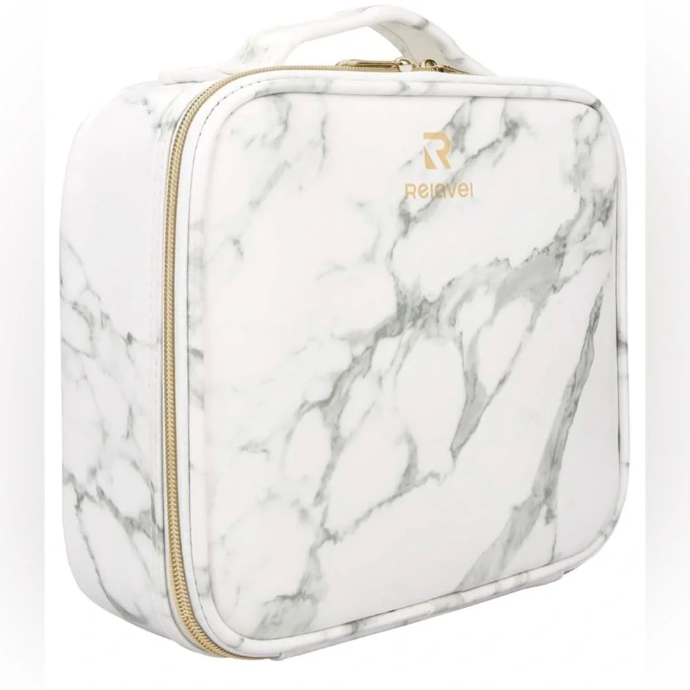 Relavel Marble Makeup Bag White Gray Zipper Handle Adjustable Compartment
